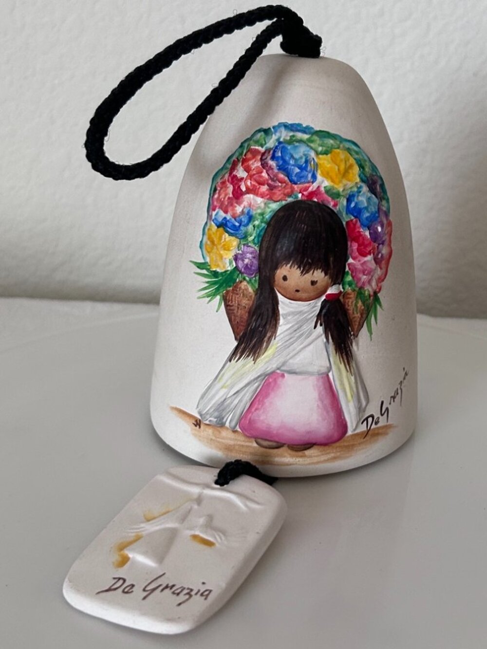 Vintage DeGrazia Native American Child and Flowers Sandstone Bell with Clapper
